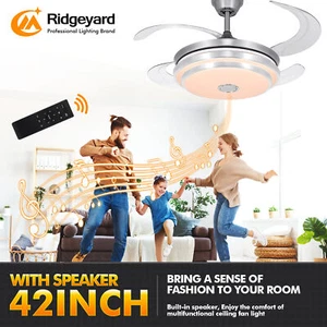 42" Retractable Ceiling Fan Light Bluetooth Music Player LED Chandelier 3 Color - Picture 1 of 17