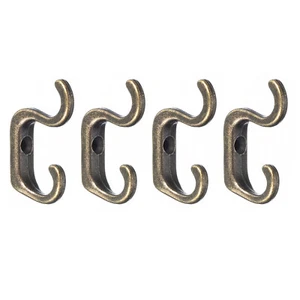 Wall Hooks, 4Pcs - Zinc Alloy Double Prong Mini Small Retro Hook (Bronze) - Picture 1 of 5