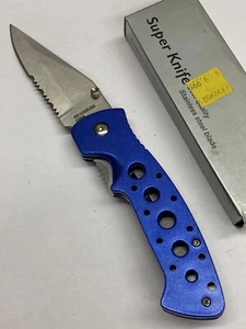 Blue Folding Super Knife w/Combo Blade, Thumbhole, Linerlock C-813BL - Picture 1 of 20