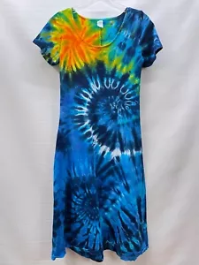 Tie-Dye Women's Size S Sheath Midi Dress Handmade Colorful Retro Short-Sleeve - Picture 1 of 8
