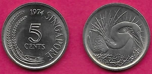 SINGAPORE 5 CENTS 1974 UNC ANHINGA OR SNAKE BIRD,VALUE AND DATE - Picture 1 of 1