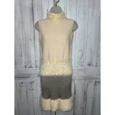 DIANE VON FURSTENBERG DVF PLUSH SWEATER DRESS GRAY IVORY SLEEVELESS MOCK NECK XS - Image 1 of 4