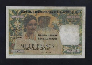 MADAGASCAR 1000 FRANCS = 200 ARIARY 1952 ND 1961 P-54 VF+ RARE COMORES COMOROS - Picture 1 of 2