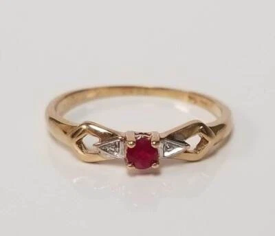 Vintage Natürlich Rot Rubin Und Diamanten Edelstein 10k Gelb Weiß Gold Ring - Bild 1 von 4