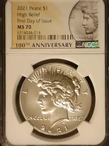 2021 P  Silver Peace Dollar Graded MS 70 FDOI,High Relief, NGC,100th Anniversary - Picture 1 of 4