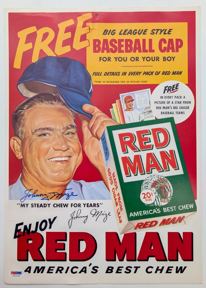 Johnny Mize HOF New York Yankees Signed 11x15 Red Man Tobacco Print PSA/DNA AUTO - Image 1 of 1