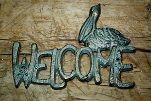 Cast Iron Antique Style Pelican WELCOME Plaque Nautical Sign Wall Decor Beach - Picture 1 of 1