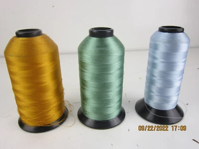 Lot of 3 Rayon Thread. 7000 Yard Partial Rolls. Paris Blue, Sun Gold, Moss. - Image 1 of 4