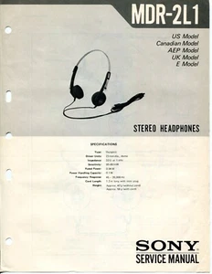 Sony Model MDR-2L1 Stereo Headphones Service Manual - Picture 1 of 2