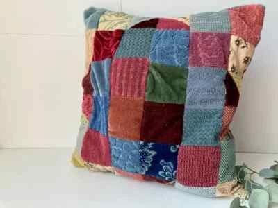 VTG Patchwork Pillow Velvet Upholstery Fabrics Blue Maroon Mid Century Handmade - Изображение 1 из 4