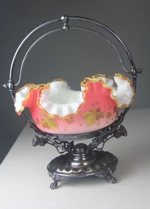 Antique Victorian Pink & White Cased Glass w/ Gilt Floral Brides Basket - Read! - Picture 1 of 24