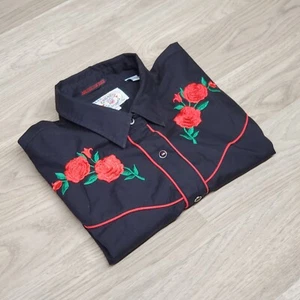 Ely Country Charmers American Rose Snap Button Shirt Women's L Black Embroidered - Picture 1 of 7