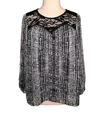 ALYX Top Mujer 1X Negro Blanco Abstracto Crochet Encaje Gasa Boho Caprichoso Gótico Foto 1 de 4