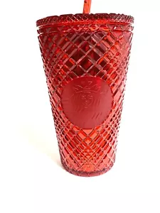 Starbucks 2021 Red Jewled Grid Grande 16 Unzen Tumbler Tasse Glas Neu - Bild 1 von 1