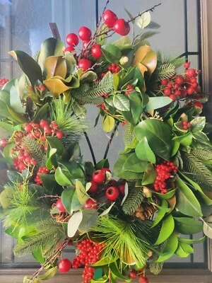 Winward  26" Red Green Holiday Deluxe Wreath Red Berries Pinecones - Image 1 of 4