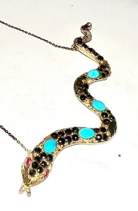 Pade Vavra Gemstone Serpent Snake Necklace 1 of 1 Turquoise Ruby 14K Gold Clad - Picture 1 of 6