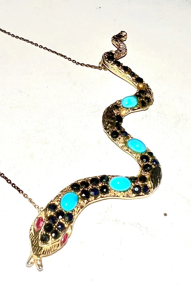 Pade Vavra Gemstone Serpent Snake Necklace 1 of 1 Turquoise Ruby 14K Gold Clad - Image 1 of 4