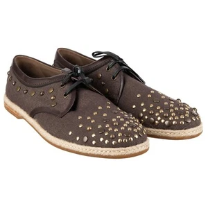 DOLCE & GABBANA Studded Linen Canvas Leather Derby Shoes MONDELLO Brown - Picture 1 of 4