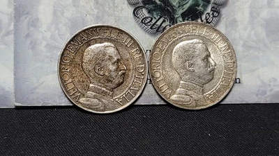 Italia Lote de 2-1 Lira Monedas de Plata 1910 y 1913 KM# 45 Foto 1 de 4