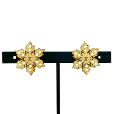 CHANEL CC Logo White Snowflake Stud Earrings Gold Tone 01A Auth #1334 - Image 1 of 4