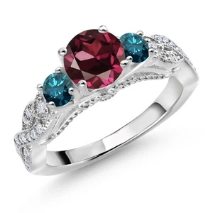 925 Sterling Silver Rhodolite Garnet Blue Diamond and White Moissanite - Picture 1 of 4