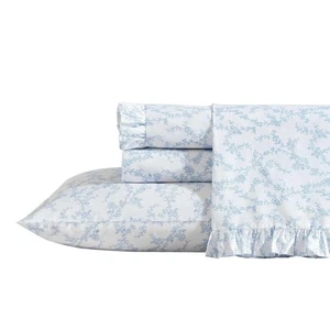 Juego de sábanas de bolsillo profundo de algodón percal azul con dobladillo con volantes 4 piezas - Imagen 1 de 7