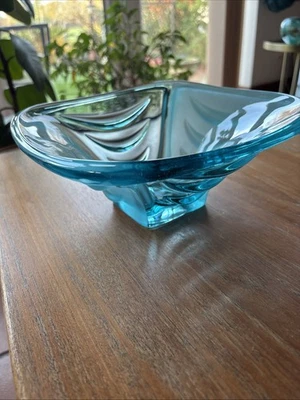 SKLO Union Czech Hermanova Hut Vaclav Hanus Drapery Glass Bowl 1960 Turquoise - Image 1 of 4