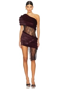 Revolve Aubergine Faux Fur Combo Dress Kim Shui Bordeaux lace panels M $395msrp - Picture 1 of 9