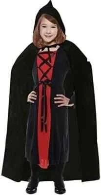 Halloween Fancy Dress Kids 35" Black Velvet Hooded Cape Robe Dress Vampire Foto 1 de 4
