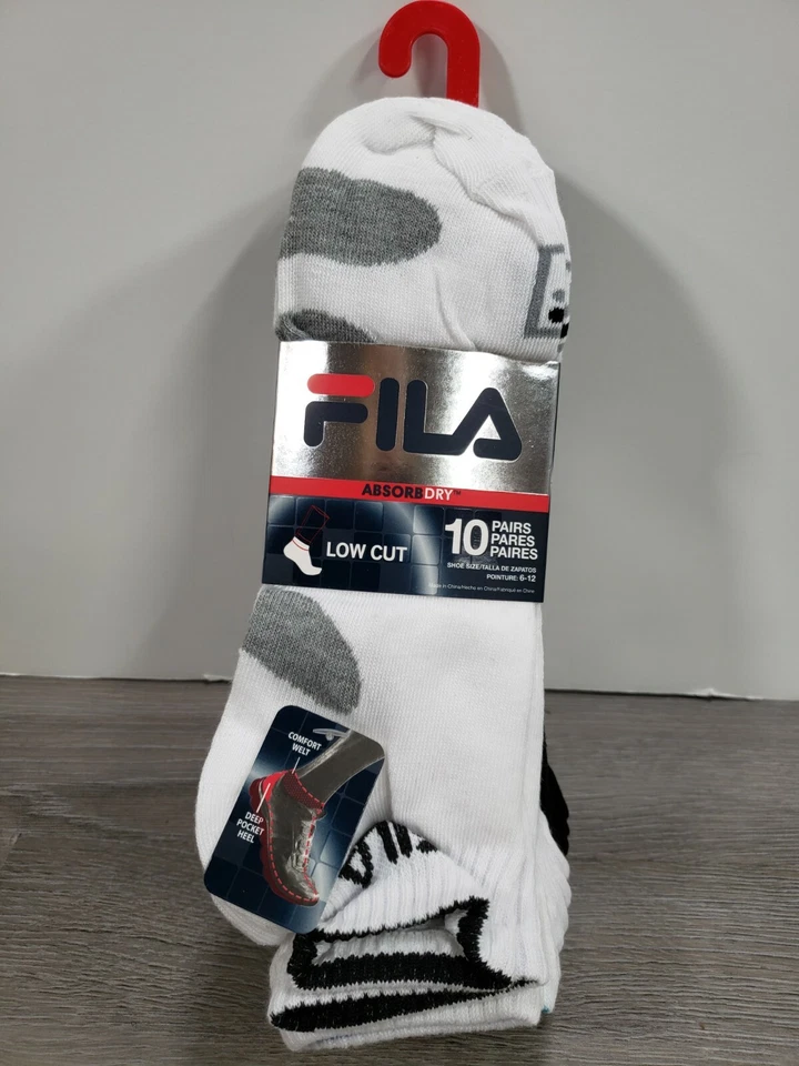 Men's FILA Socks ABSORB DRY BLACK & WHITE LOW CUT 10 PACK  SZ 6-12 POLY/SPANDEX - Image 1 of 4