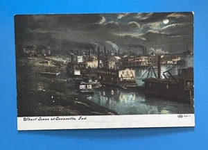 WHARF SCENE AT EVANSVILLE Indiana Postcard - Picture 1 of 2