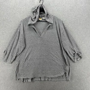 C&C California Sweater Women Size 1X Black Striped Long Sleeve Hooded 100% Linen - Picture 1 of 11