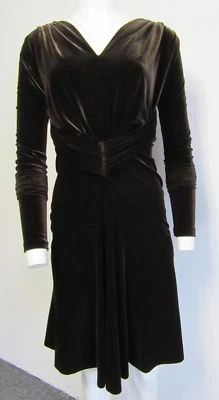 MARC BOUWER Vestido Marrón Terciopelo Cuello en V Acanalado Ajuste y Acampanado Talla 4 Foto 1 de 4