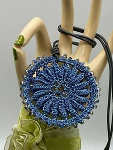 Unique Made of Silk Thread and Clear/ Pale Blue Beads Necklace/Pendant - Picture 1 of 10