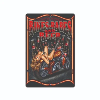 BIKERS BABE AND BEER FUNNY 8X12 METAL NOVELTY GARAGE SIGN - Image 1 of 4