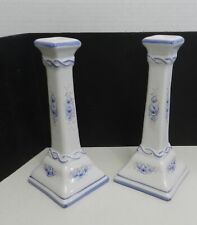 3Rbx -- PAIR PORTUGAL HANDPAINTED ART POTTERY BLUE & WHITE CANDLESTICKS 9 3/4"