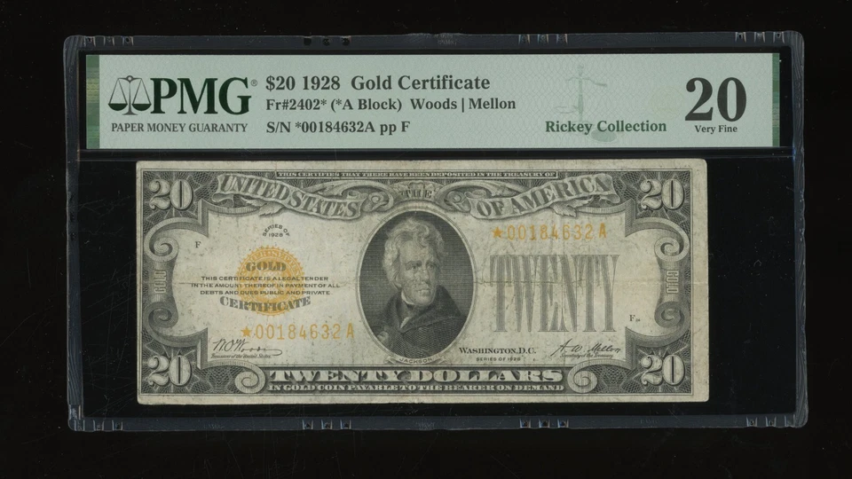 Certificado de oro DBR 1928 $20 ESTRELLA Fr. 2402* PMG VF-20 Serie *00184632A Foto 1 de 2