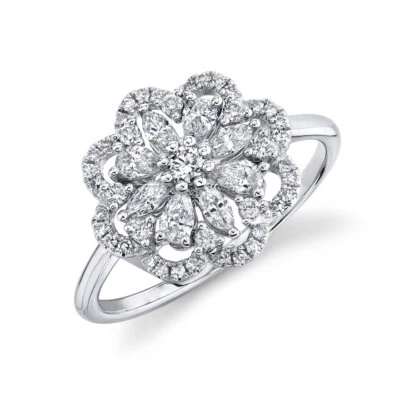 Anillo Oro Blanco 14K Pera Marquesa Diamante Flor Cóctel Floral Mano Derecha Foto 1 de 3