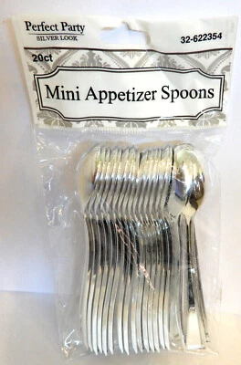 MINI CUCHARAS APERITIVO 4" 20 CUCHARAS UTENSILIO PLÁSTICO PLATEADO Cóctel Fiesta BODA Foto 1 de 4