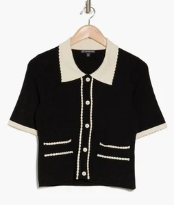 Blusa grande para mujer Adrianna Papell negra crema festoneada Wednesday Adams - Imagen 1 de 8