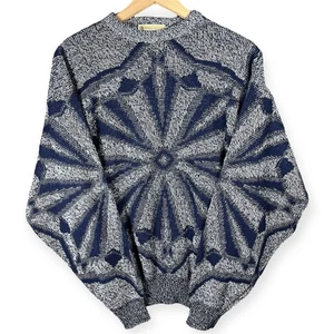 VTG London Fog Sweater Mens L Blue White Knit Pullover Geometric Pattern Retro - Picture 1 of 7