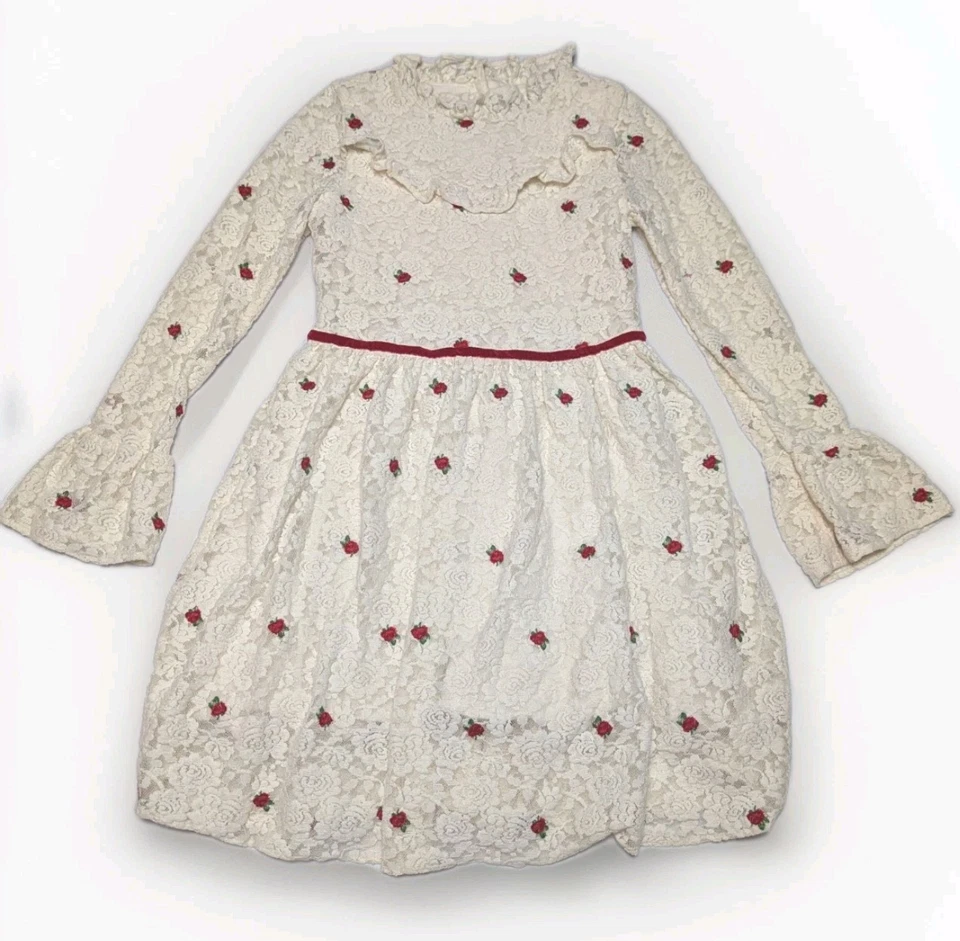 Janie And Jack Girls Ivory Victorian Lace Embroidered Roses Dress Holiday Size 8 - Image 1 of 4