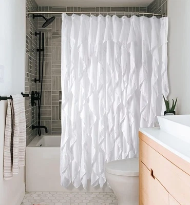 Gorgeous Fabric Rosette Shower Curtain Elegant White Ruched Clean Anthropologie - Image 1 of 4