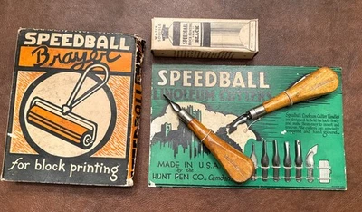 Cortadores de linóleo de tinta negra Speedball Brayer de colección + puntas pluma de caza arte impreso en bloque Foto 1 de 4