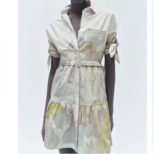 ZARA ZW Collection Landscape Printed Shirt Dress with Belt XXL - Picture 1 of 11