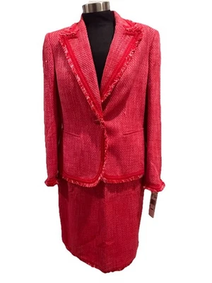 Kasper Tweed Pink 2pc Skirt Suit Frayed Trim Single Breasted Blazer Petite 10P - Image 1 of 4