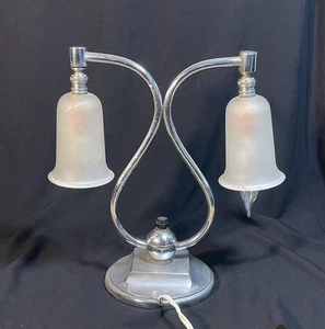 Art Deco Chrome Twin Arm Desk Lamp w/ Frosted Glass Shades, c.1930’s - Picture 1 of 7