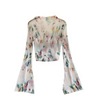 Lady Floral Mesh Sheer Blouse Sexy T-shirt Top Flare Sleeve Stretch Shirt Blouse