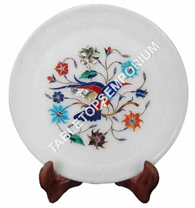 8" White Marble Serving Dining Plate Multi Precious Inlaid Stone Home Decors - Picture 1 of 3