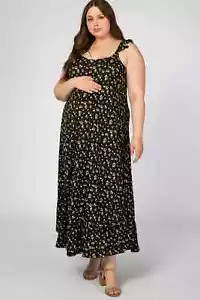 Ninexis Maxi Dress Women's Plus 1X Black Ruffle Floral Cottagecore Maternity NWT - Picture 1 of 11